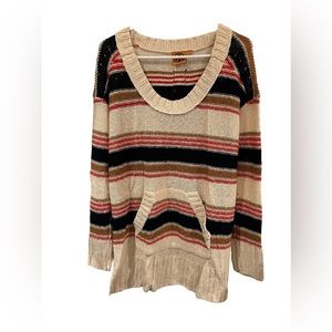 Tory Burch Stripe Sweater Tunic Womens Linen Cotton Tan Red Oversized NWOT